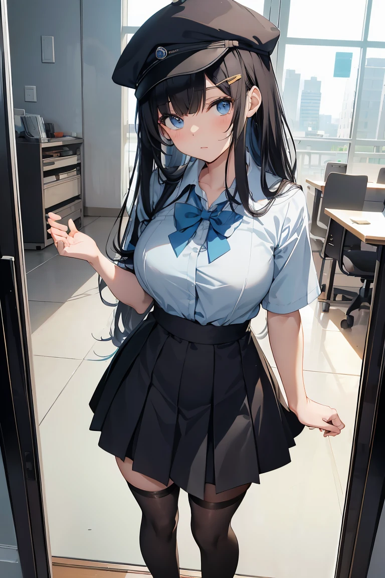 an anime girl, 1 person, black hair, hair clip on the right side of her bangs, small black cap, light blue eyes, white women's shirt, small light blue bow on the chest, office uniform, shirt close-fitting, tight skirt, stockings,full body, big breasts, front view, solo