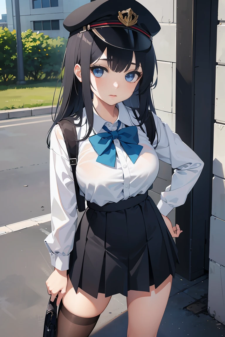 an anime girl, 1 person, black hair, hair clip on the right side of her bangs, black cap, light blue eyes, white women's shirt, small light blue bow on the chest, office uniform, shirt  close-fitting, tight skirt, stockings,full body, big breasts, front view, solo