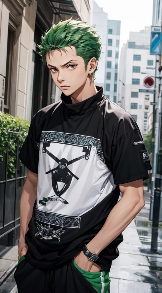 Masterpiece, 1boy, Superb Style, Urban Streetwear chothes, Outdoor, Upper Body, zoro, bright eyes, green hair, cool boy