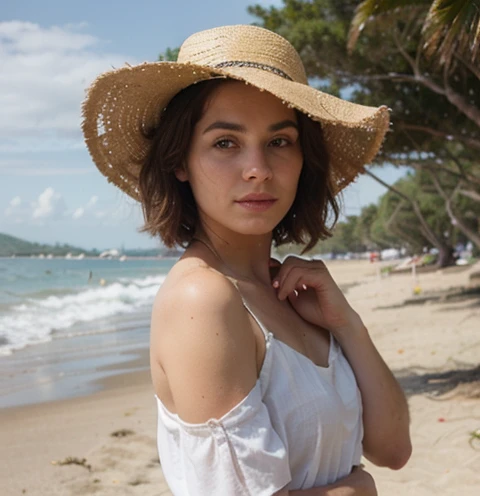 Gere uma imagem realista de uma jovem exploradora digital . Ela tem 25 anos, tem olhos castanhos expressivos e cabelos pretos com brilho natural((medium length hair just below the shoulders)). Its appearance is vibrant and authentic, reflecting a mix of curiosity and elegance. Vista-se com estilo Equilibrando conforto e moda, uma camisa branca sem detalhes, jeans and white shoes with black allstar details, ((foto corpo inteiro)) ((( They have a straw hat on their head, is holding it with one hand because it is quite windy))) (((the background of the image is a beach where you can see the sea behind )))