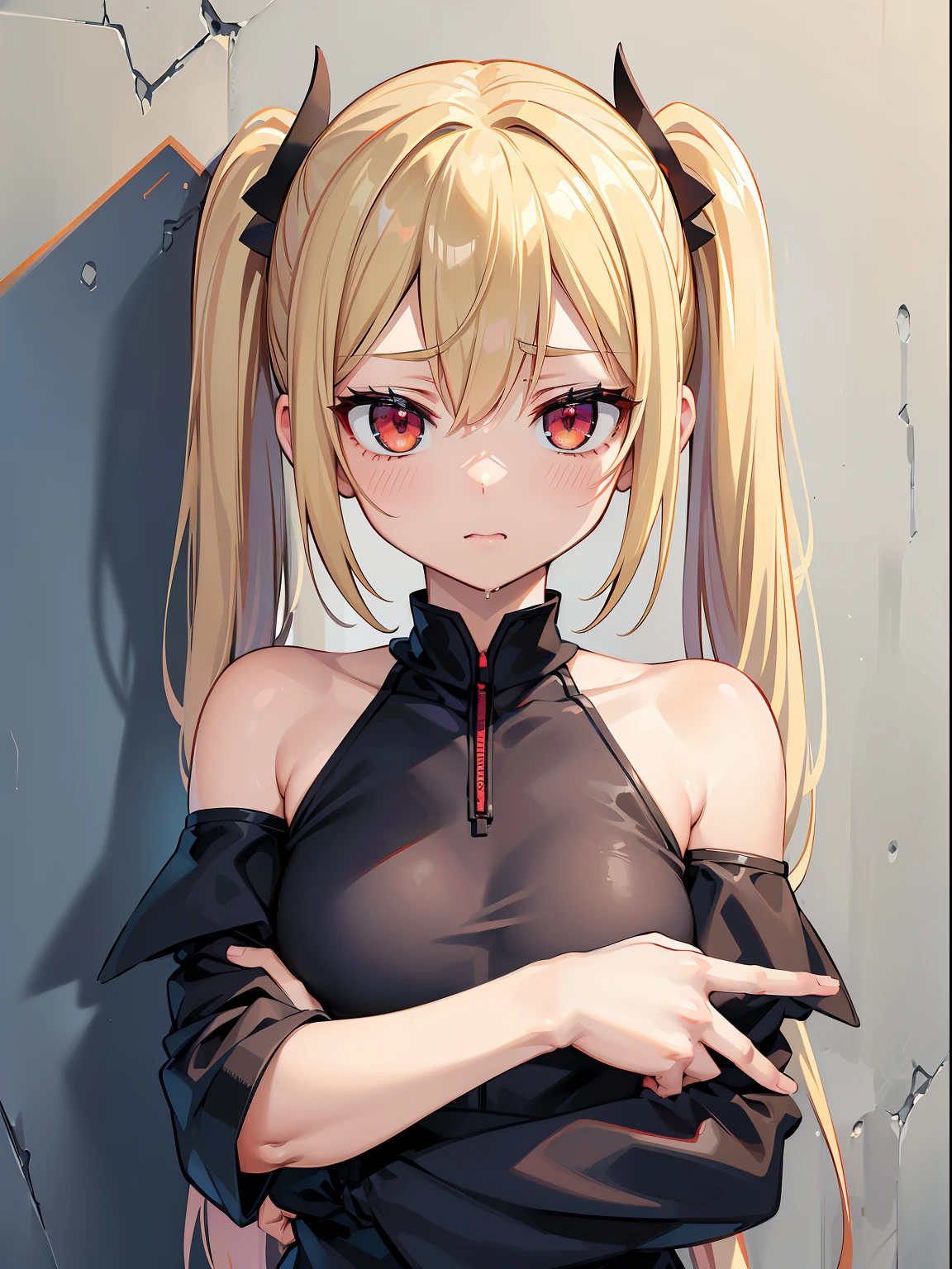 (RAW Photos, Best Quality), (animesque: 1.2), (Sharp facial features), (smaller face: 1), 1人の女性, Beautiful, (High Detail Skin: 1.2), (drooing eyes), (Red eyes), Troubled face, 鎖骨, cute face, Beautiful eyes, long eyelashes, ((Perfect fingers)), Clean hands, Blonde twintails, ((off shoulders:1.2)), ((Only the upper body is sticking out from the wall)), girl stuck in the wall, Soft lighting, High quality, Professional Lighting, Photon mapping, Physically Based Rendering, Perfect limbs, Perfect Anatomy, tre anatomically correct,