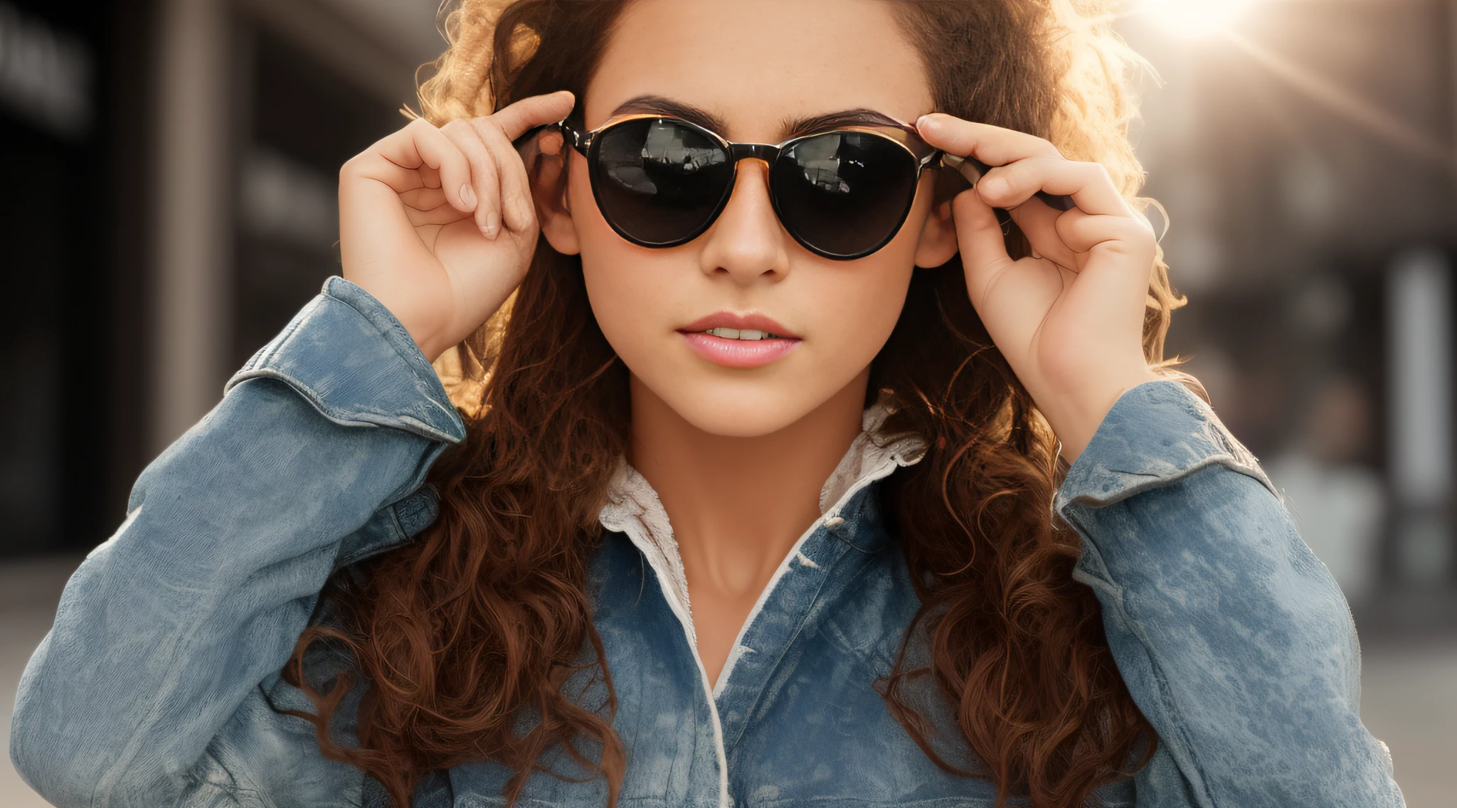 puffy girl in a denim jacket and sunglasses with a bow, wearing cool sunglasses, wearing blue sunglasses, olhando heckin legal e elegante, girl with glasses, in sunglasses, with sun glasses, wearing sunglasses, with sunglasses, sunglasses on, por Wayne England, next gen, head shoot, girl wearing round glasses, wearing mirrored sunglasses, estrela do rock, blue sunglasses