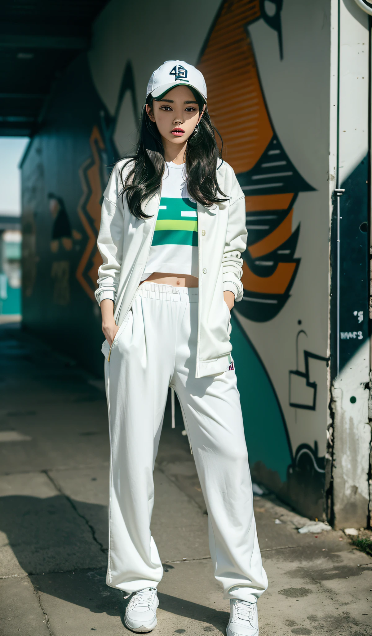 A stylish asian woman,Put your hands in your pockets,wearing green, white sleeve short coat,Wearing a white hat around the waist.,Wear white sweatpants,White sneakers,The background is a colorful graffiti wall,exquisit facial detail,Highest definition,Best quality