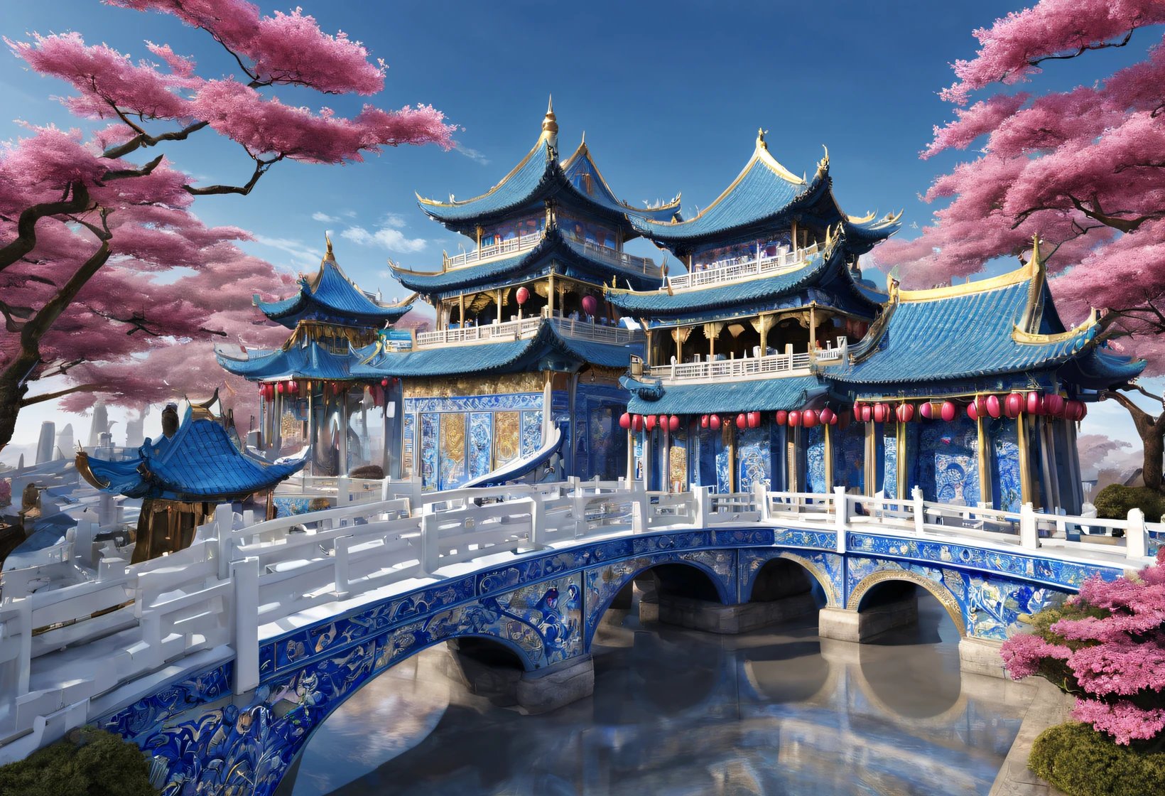 Chinese Cloisonné and Blue and White Porcelain Theme Park,Complex structure,Chinese bracket art,Asymmetrical balance ,( magenta )Carmine+( blue white colors )Blue-cyan+( tin foil gold )golden colored,Super clear texture,glyphic,Ultra HD images,Fantasyart,ultra-realistic realism, 3D, c4d,number art,