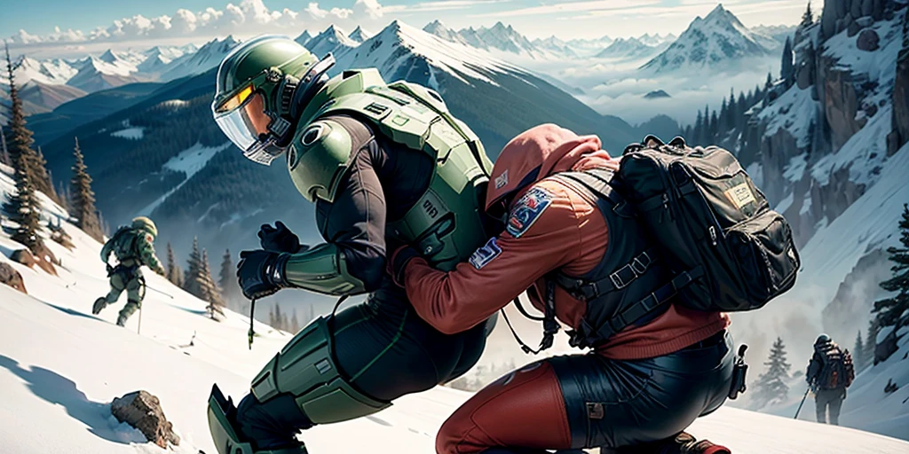 spartan, 1boy, solo, standing, helmet, faceless, armor, gloves, power armor, science fiction, crotch plate, large ass, large chest, outside, grass, mountain, showing ass, hands on waist, looking to left, side view shot. Red and white stripes armour