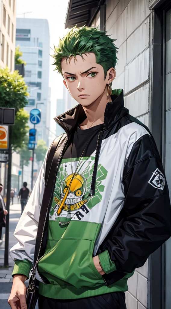 Masterpiece, 1boy, Superb Style, Urban Streetwear chothes, Outdoor, Upper Body, zoro, bright eyes, green hair, cool boy