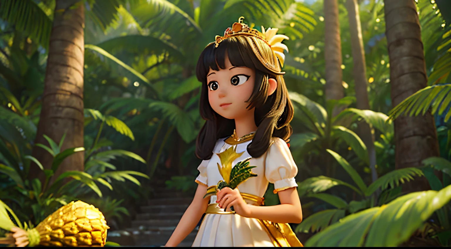 Masterpiece, A southeast asian teen princess with dark hair in a simple white dress holding an enchanted pineapple in a fantasy forest. The pineapple tree is vibrant and glowing with a soft, golden light, emphasizing its mystical nature. The princess is depicted with a warm and caring expression. 4k quality. High definition.