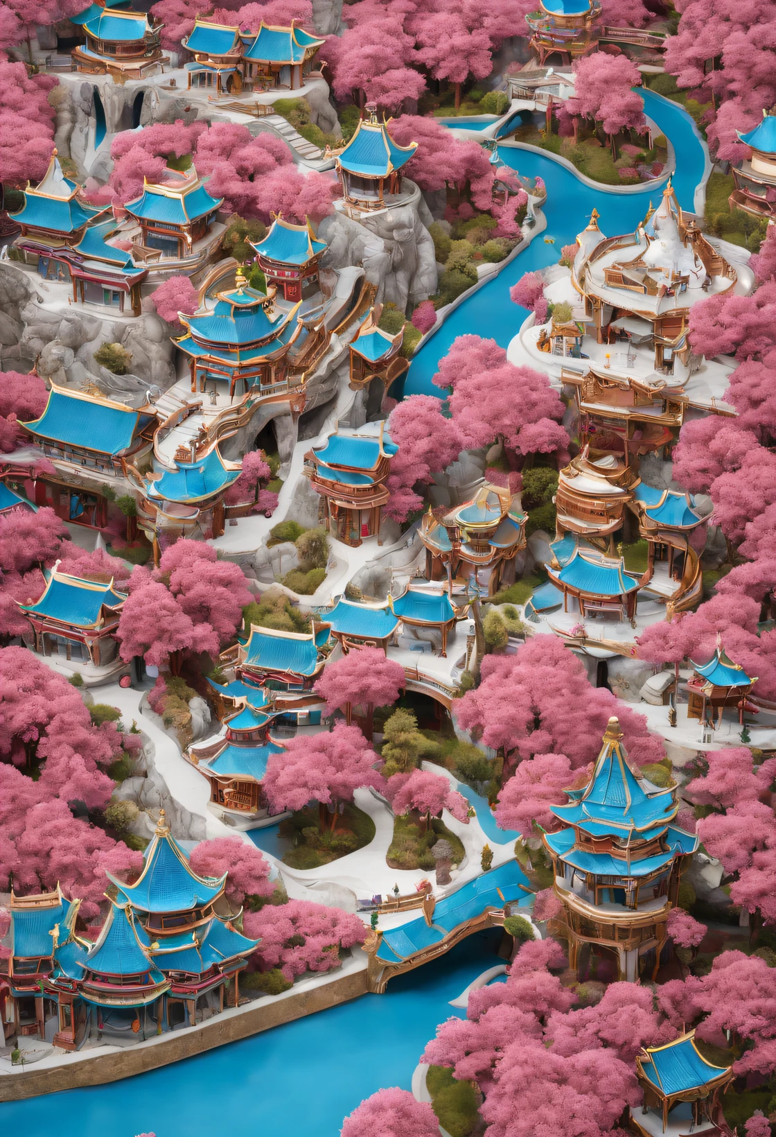 China Cloisonné Theme Park,dreamland dreamland,ultra-realistic realism, Carefully designed using European and American designs),Asymmetrical balance ,( magenta )Carmine+( blue white colors )Blue-cyan+( tin foil gold )golden colored