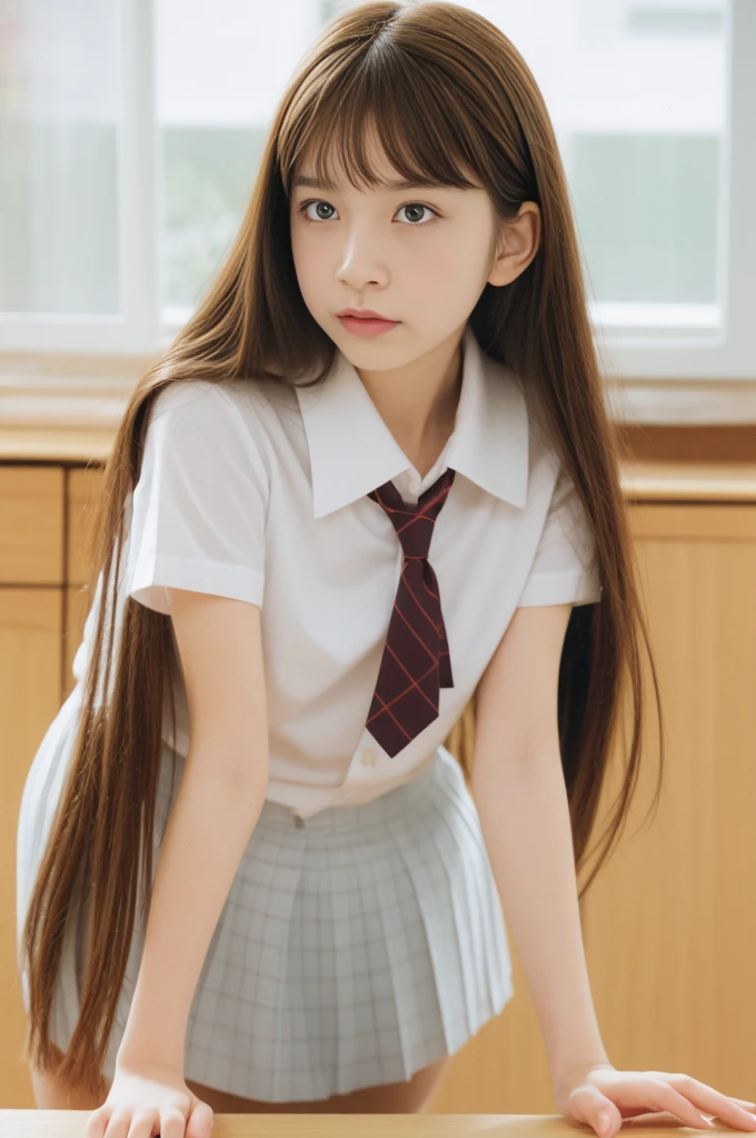 （realistically， A high resolution：1.3），15 year old girl， 1 girl with perfect figure， The face shape and eyes are super delicate，Brown hair， Japanese high school  girl，jk，High School Uniforms，sittinng on the desk，White，pantiess，Bright classroom，glowing hairs，