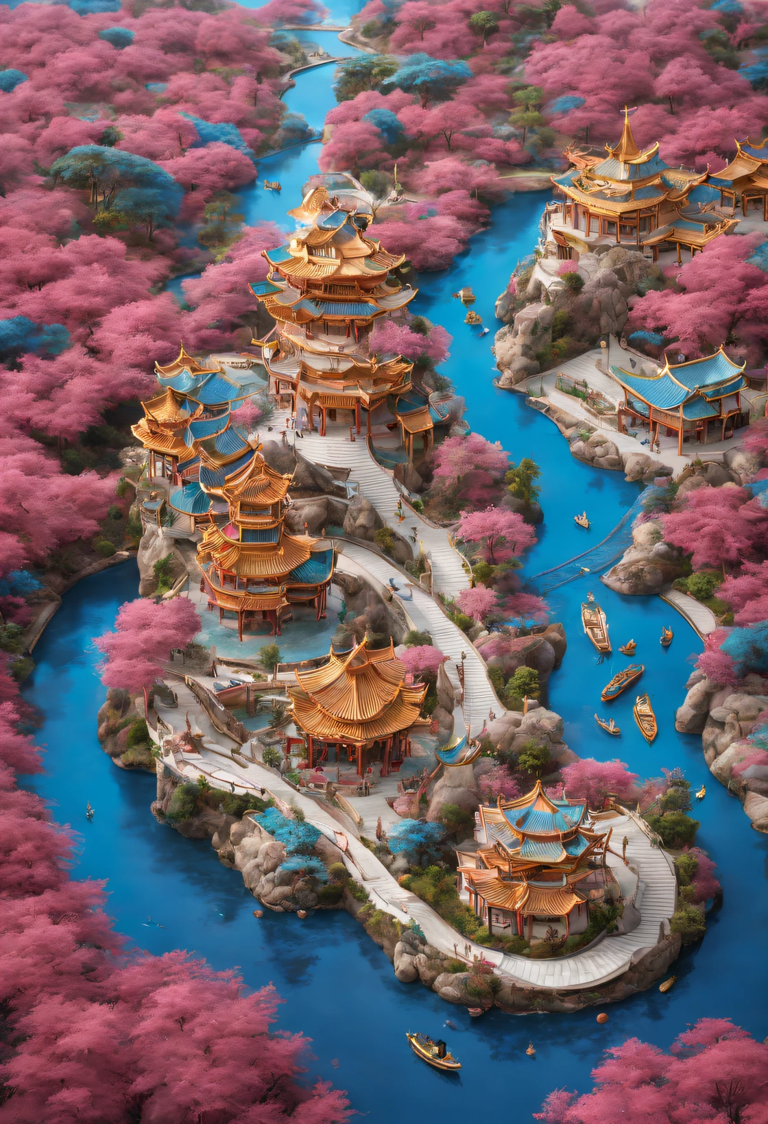 China Cloisonné Theme Park,dreamland dreamland,ultra-realistic realism, Carefully designed using European and American designs),Asymmetrical balance ,( magenta )Carmine+( blue white colors )Blue-cyan+( tin foil gold )golden colored