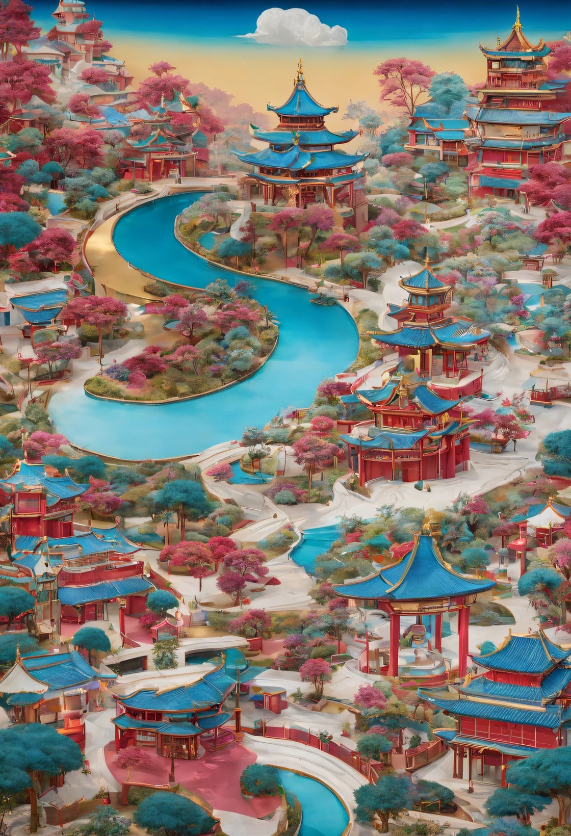 China Cloisonné Theme Park,dreamland dreamland,ultra-realistic realism, Carefully designed using European and American designs),Asymmetrical balance ,( magenta )Carmine+( blue white colors )Blue-cyan+( tin foil gold )golden colored