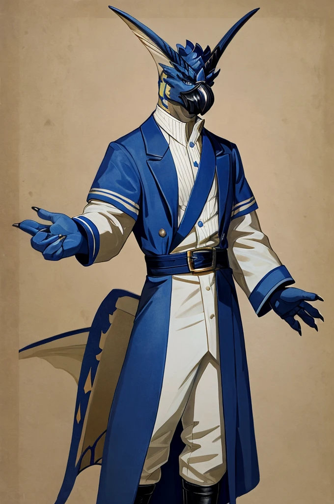 A Legiana as a German official posing for a portrait, white-blue uniform, white leather gloves, clawed fingers, 4 fingers, 1900s photograph, long coat, open coat, blue outlining, padded fingers, golden-blue belt,