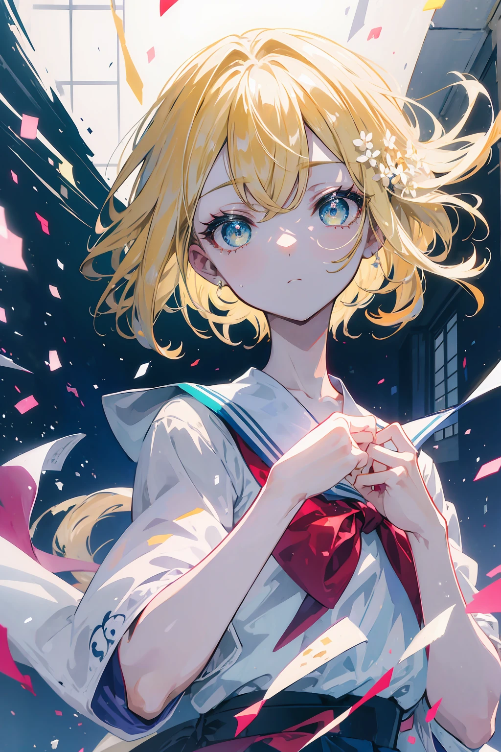 (masterpiece, beautiful, aesthetic, vibrant, official anime art, insane quality, 8k, 4k, intricate details, aesthetic, vibrant, 1girl), slightly short blonde hair, green eyes, japanese school uniform, japanese sailor uniform, perfect body, perfect face, perfect hands, beautiful eyes, detailed eyes, perfect eyes, inside a classroom, hard light, cowboy shot, bokeh