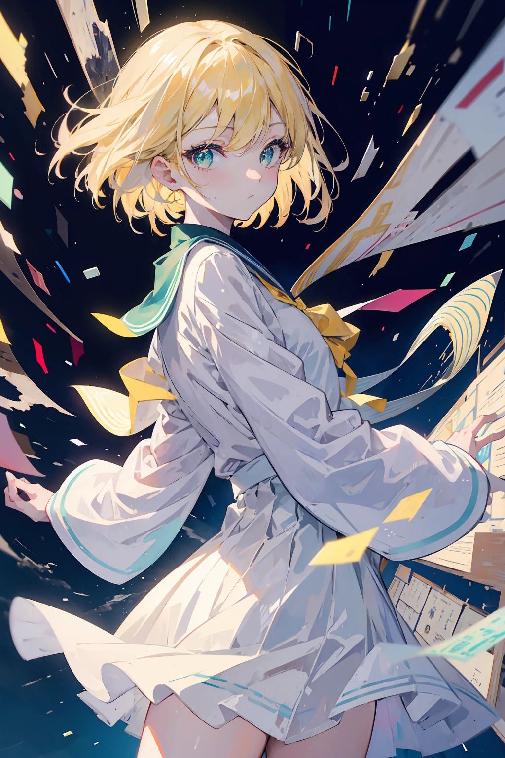 (masterpiece, beautiful, aesthetic, vibrant, official anime art, insane quality, 8k, 4k, intricate details, aesthetic, vibrant, 1girl), slightly short blonde hair, green eyes, japanese school uniform, japanese sailor uniform, perfect body, perfect face, perfect hands, beautiful eyes, detailed eyes, perfect eyes, inside a classroom, hard light, cowboy shot, bokeh