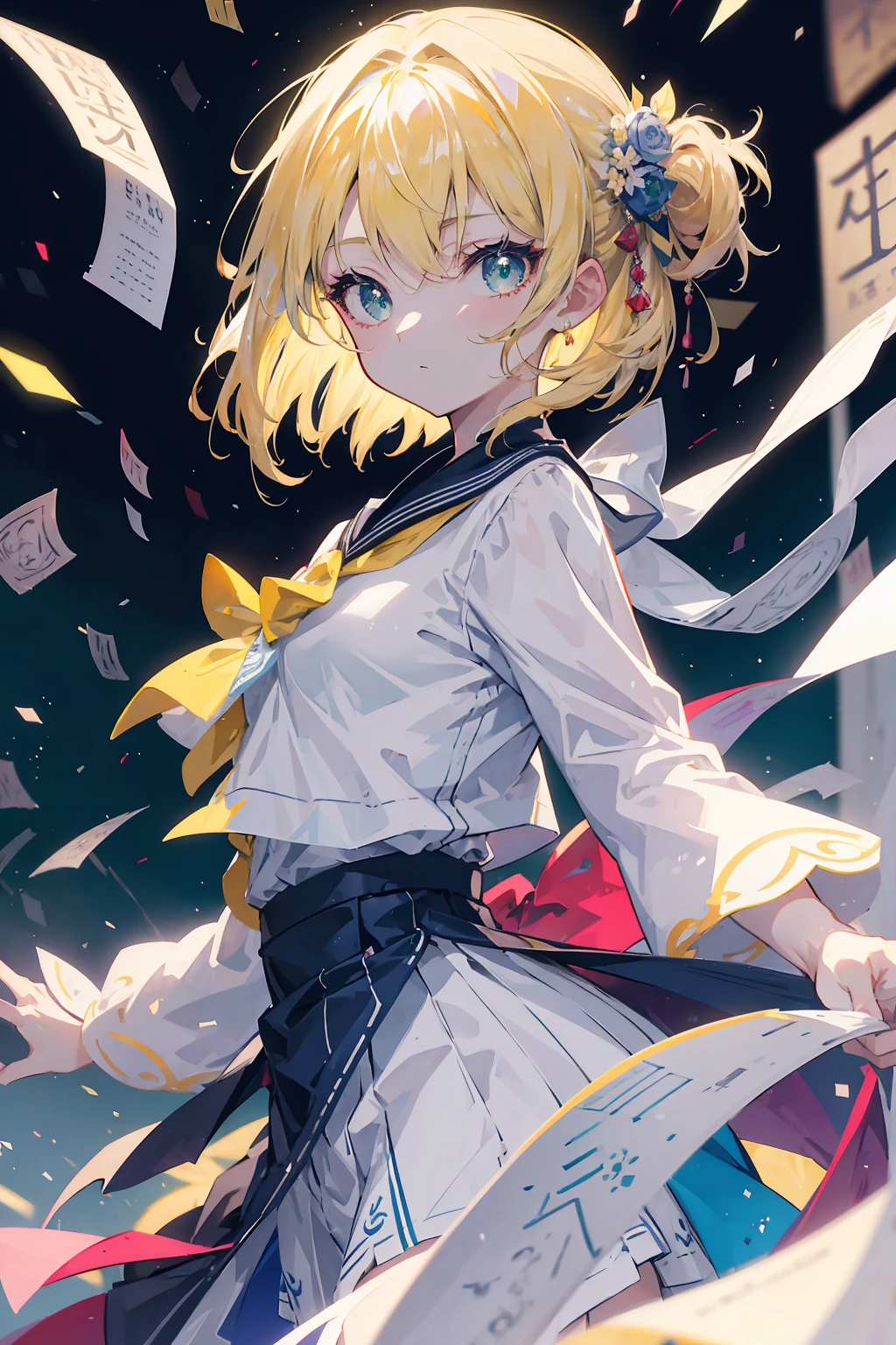 (masterpiece, beautiful, aesthetic, vibrant, official anime art, insane quality, 8k, 4k, intricate details, aesthetic, vibrant, 1girl), slightly short blonde hair, green eyes, japanese school uniform, japanese sailor uniform, perfect body, perfect face, perfect hands, beautiful eyes, detailed eyes, perfect eyes, inside a classroom, hard light, cowboy shot, bokeh
