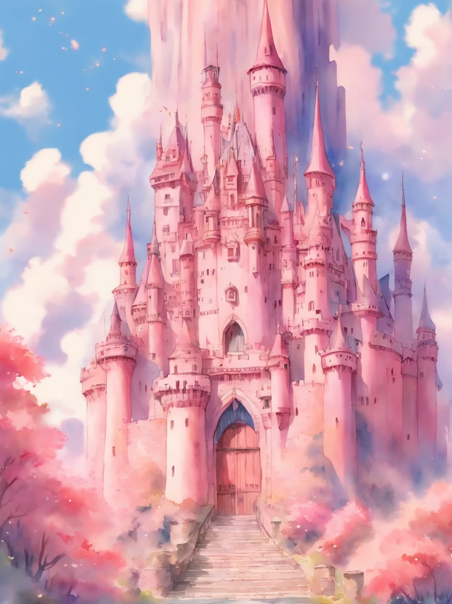 (watercolor:1.2), detailed illustrations of fairy pink tall castle, high detail, centred, front view, entrance view, in style of ghibli, hand drawn style, no human, no people,