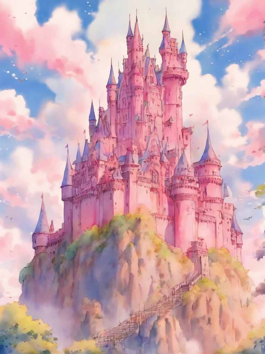 (watercolor:1.2), detailed illustrations of fairy pink tall castle, high detail, centred, front view, entrance view, in style of ghibli, hand drawn style, no human, no people,