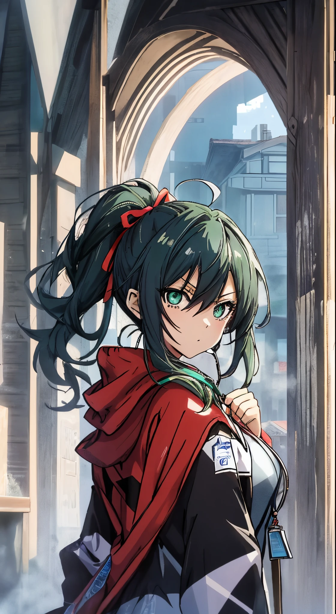 (masutepiece, Best Quality, Ultra-detailed, Illustration), Beautiful face, dark green hair, teal green eyes, long ponytail in carly, Perfect body, 1girl in, Solo, hoodies, jackets in sweater, off-shoulder clothes in sweater, cheongsam, Hair Ribbon, Dress, lanyard, villages, old houses, Outdoors, folk, legends, Rin Itoshi, Blue lock, angry face, sharp face, bare backs, frozen town, frozen tower