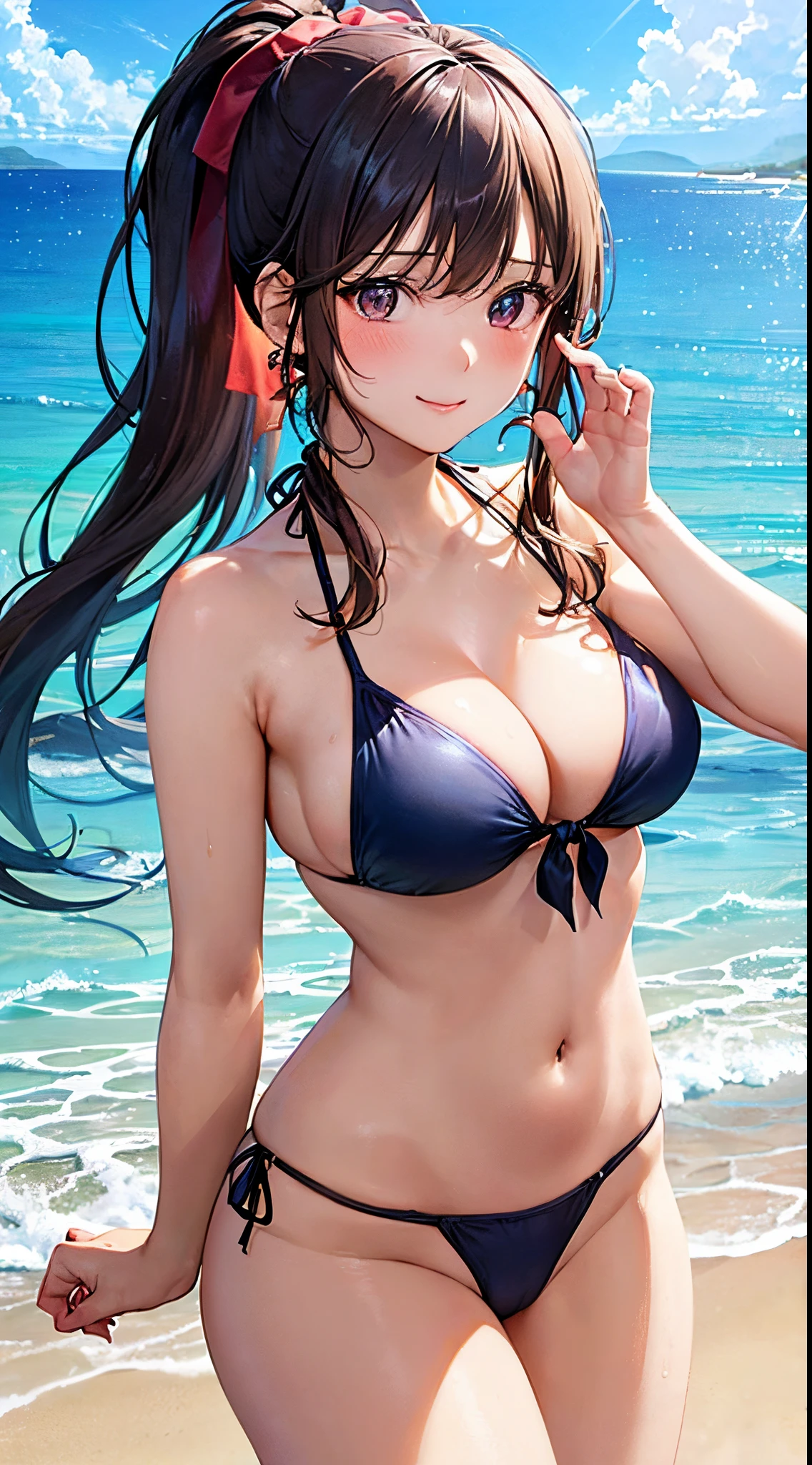 ((((perfect anatomy, super detailed skin)))), 1 girl, japanese, , (detailed ultra-oily shiny skin:1.1), tanned skin, watching the view, blush,
beautiful hair, beautiful face, beautiful detailed eyes, (long hair:1.7, ponytail:1.6), blond hair, large breasts,
beautiful clavicle, beautiful body, beautiful chest, beautiful thigh, beautiful legs, babyface, brs, thighs, barefoot, barearm,
(((bikini), extremely sexy, seductive thighs, camel toe)),
(beautiful scenery), beach, sea, blue sky, walking. waving, sandal,
(8k, top-quality, masterpiece:1.2, extremely detailed), (photorealistic), beautiful illustration, detailed lighting, (pov, close shot),