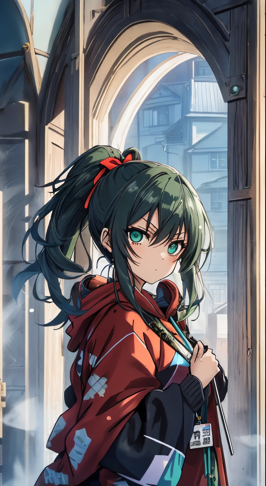 (masutepiece, Best Quality, Ultra-detailed, Illustration), Beautiful face, dark green hair, teal green eyes, long ponytail in carly, Perfect body, 1girl in, Solo, hoodies, jackets in sweater, off-shoulder clothes in sweater, cheongsam, Hair Ribbon, Dress, lanyard, villages, old houses, Outdoors, folk, legends, Rin Itoshi, Blue lock, angry face, sharp face, bare backs, frozen town, frozen tower