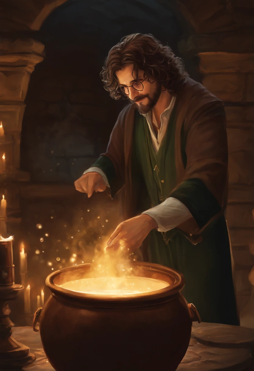 The image is of Sirius trying to sneak a taste from a giant cauldron of bubbling potion, with an mischievous grin on his face.,Harry Potter series,Sirius is tall with shaggy curly brown hair, with brown eyes and a goatee. Famously portrayed by Gary Oldman, male