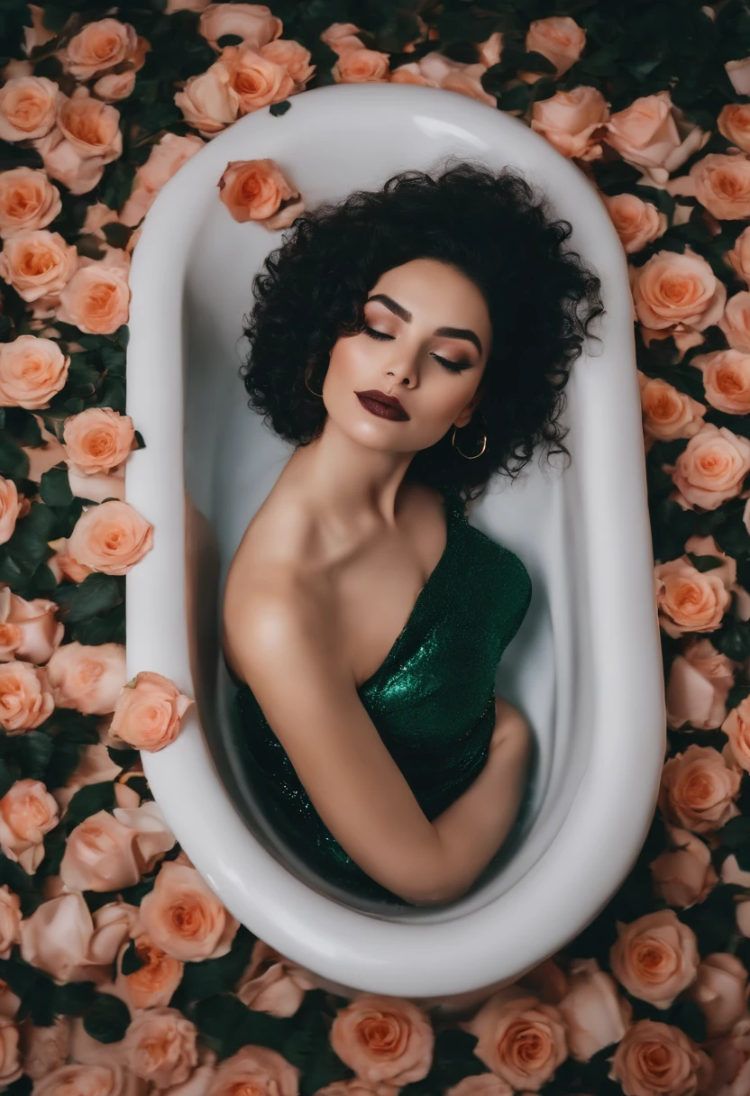 A photo of Vivian lounging in a luxurious bathtub filled with rose petals, holding a glass of champagne with a playful smirk on her face.,original,Vivian is short, extremely pale, with an hourglass figure, very small breasts, black hair in a pixie cut, brown eyes, winged eyeliner, circle frame glasses, goth aesthetic, wears black and emerald green, wears a dark green and black plaid flannel, wears lots of silver rings, wears chokers and silver necklaces, female