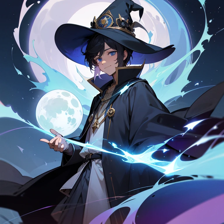 human male,28 year old,1 persons,My bangs hide my right eye,A dark-haired,Blue eyes,Wizard robes,faithful,Gentle,a smile,Cool,animesque,twinks,Black Wizard,deacon,uses magic,adult-like,European style,sapphires,bro,Wizard Hat,Forward-facing,high-level image quality,hightquality,magic school,No logo,crows,a moon