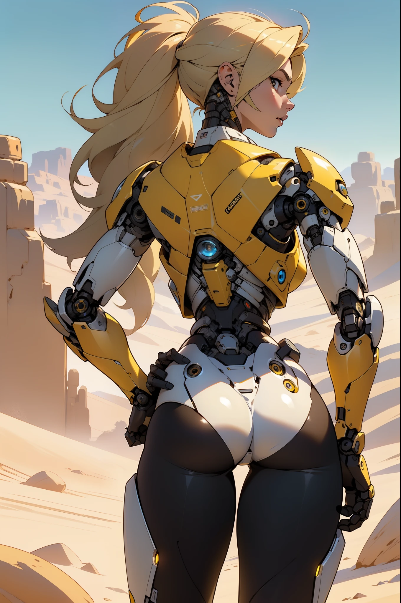 high quality, 4k, masterpiece, beautiful, cyborg girl, cowboy shot, dull eyes, back side, turning around to look at viewer, long blonde hair, girl, small breasts, fit thigh, robotic arms, robotic body, cyborg body, yellow accent, yellow livery, red accent, intricate detail, joint, detailed lines, robotic detail, 1fist on hip, color robotic parts, robotic parts with color, perfect fingers, on a desert planet, sunny background, colorful desert, head to toe