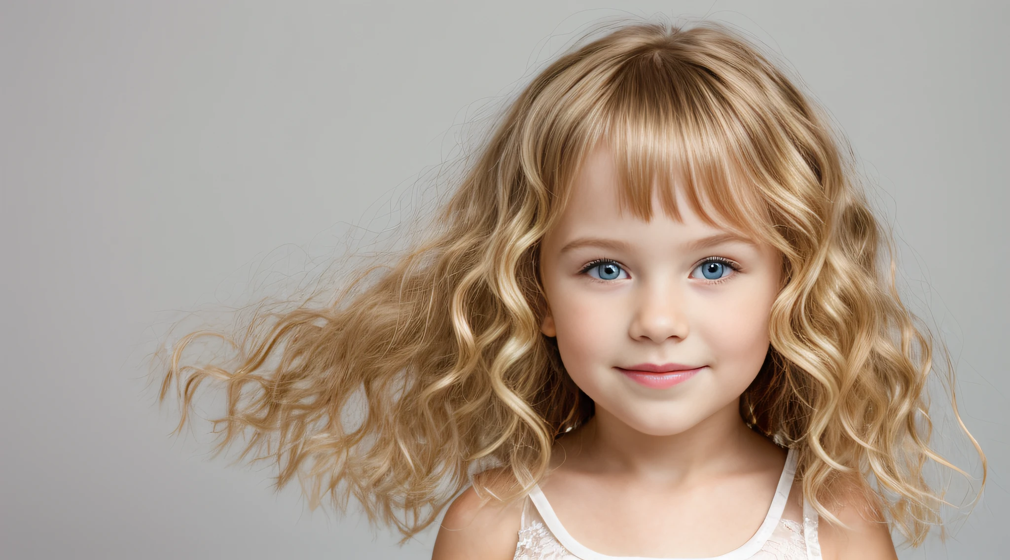 In a heartwarming cinematic scene, a charming  with sparkling blue eyes and blonde curls is depicted. At the  7, she exudes a radiant smile, her lips curled ever so slightly, showcasing her innocence and joy. The intricate details of her freckles and rosy cheeks are highlighted in the shallow depth of field, creating a highly detailed and professional image. The lighting is soft and natural, surrounding her in a warm glow, reminiscent of an award-winning, high-budget film. With a perfectly slender body and a delicate face, she is a picture of youthful beauty, her curls bouncing with each cheerful movement