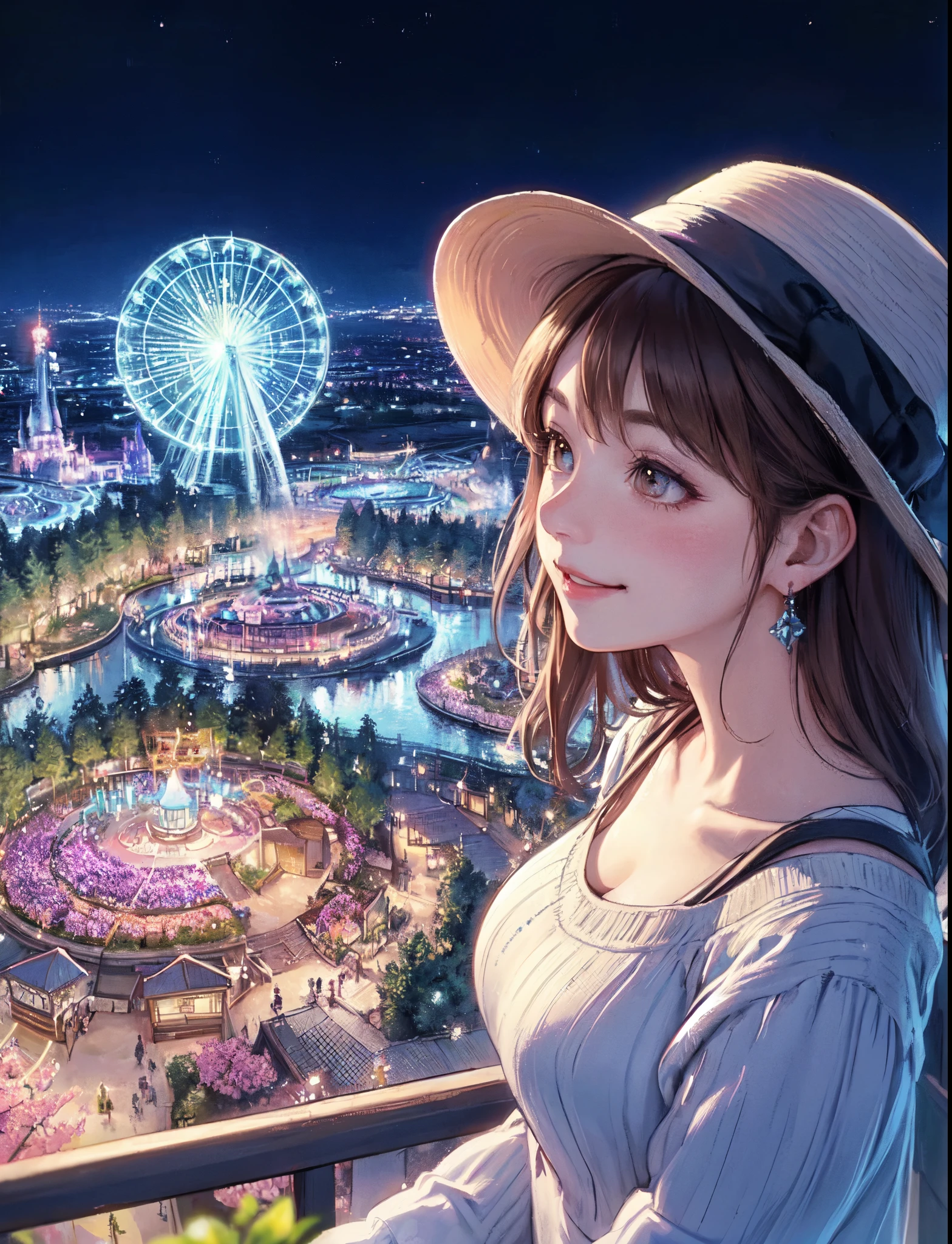 1lady solo, /(stylish outfit/), mature female, /(brown hair/) bangs, blush joyfully smile, facing away, (masterpiece best quality:1.2) delicate illustration ultra-detailed, large breasts BREAK (theme park:1.1), (night-time illuminations:1.2) flower garden, attractions