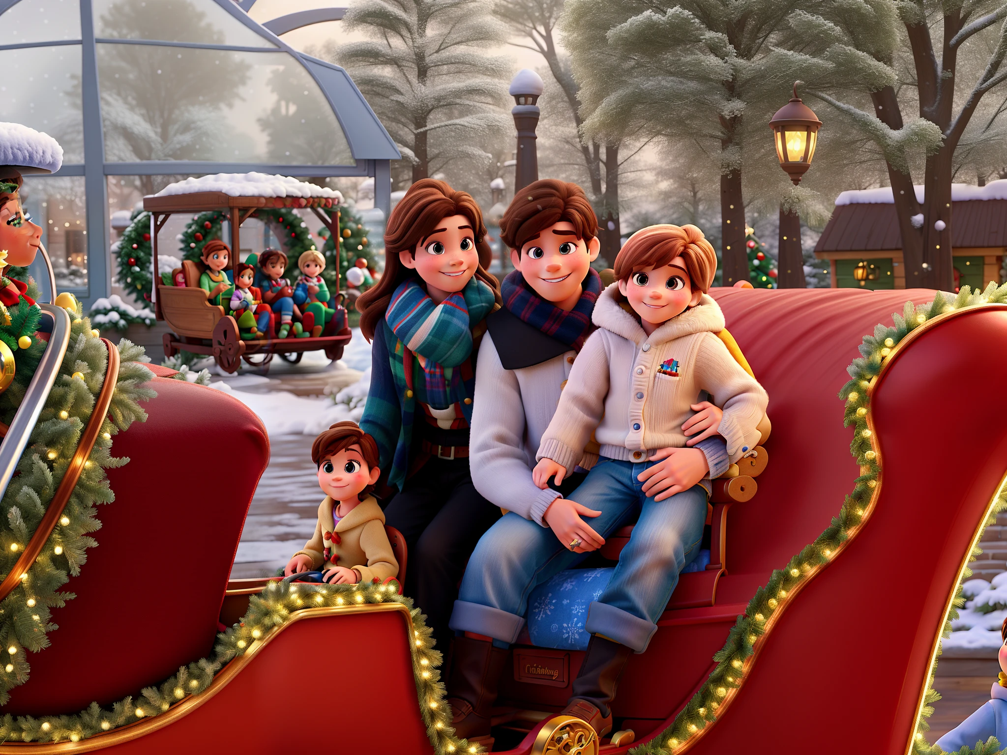 create a disney pixar style avatar. for a Christmas sleigh and a family of 3 a boy with brown hair, smiling, with a 3 year old daughter on his lap with blonde hair and a girl with brown hair Everyone sitting inside the sleigh