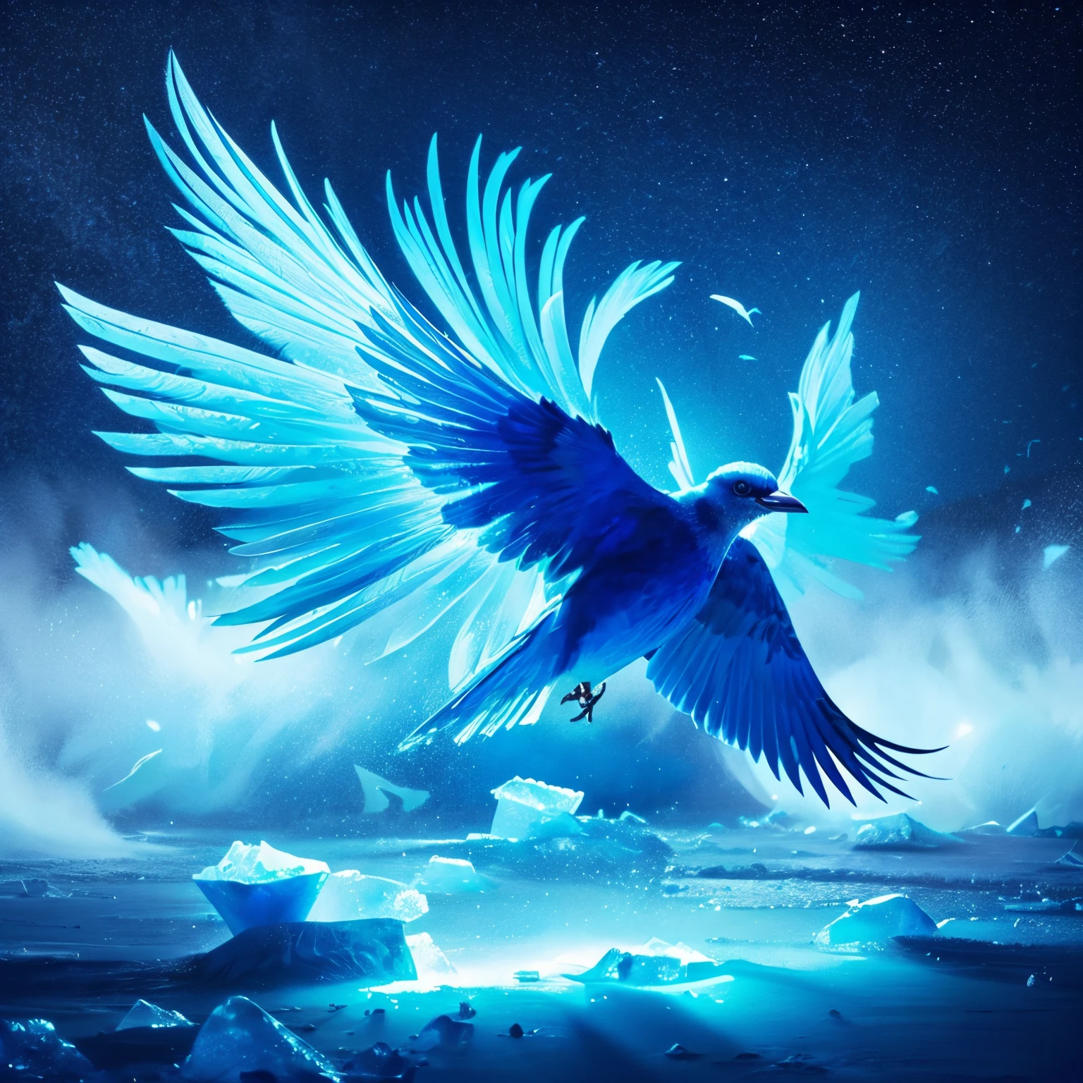 A bird that uses ice magic Light blue plumage phoenix ice version Fantastical ice landscape fluffly cold
