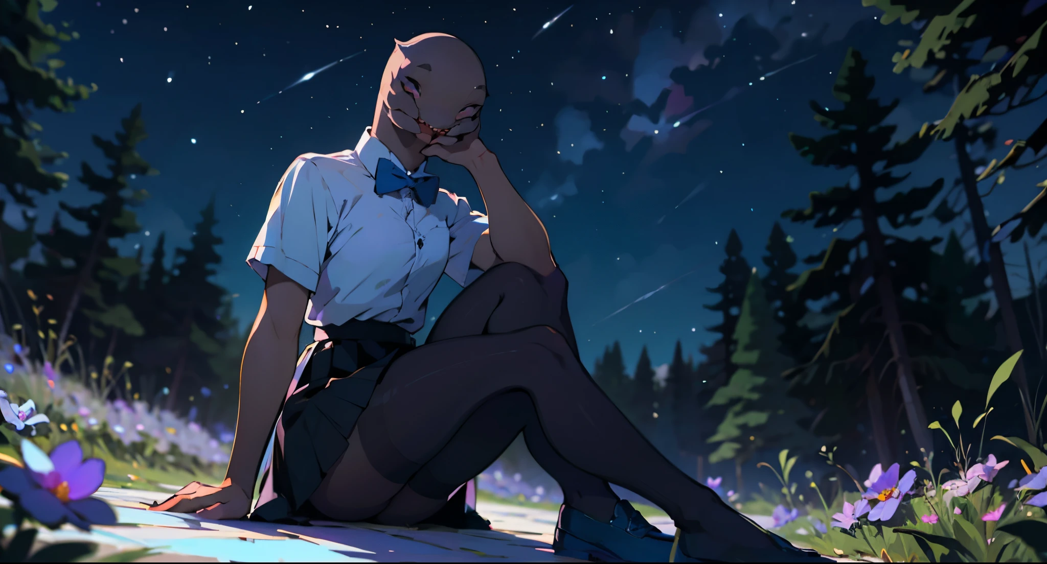 best quality, masterpiece,, Illustration, Wallpaper,1sangheili, solo, school uniform, white shirt, black skirt, beautiful, beautiful detailed eyes, shy, natural_lighting, glow,nsfw, clean sky, looking at viewer, outdoors, night sky, star (sky), black pantyhose, blue bowtie, purple petals, purple and blue flowers, blue ribbon, thick_thighs,