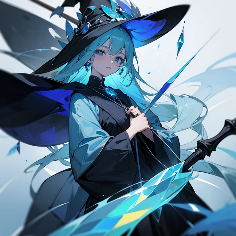The human,the witch,femele,18year old,glass,black and blue,Iridescent Gemstones,animesque,Gentle,holding an cane