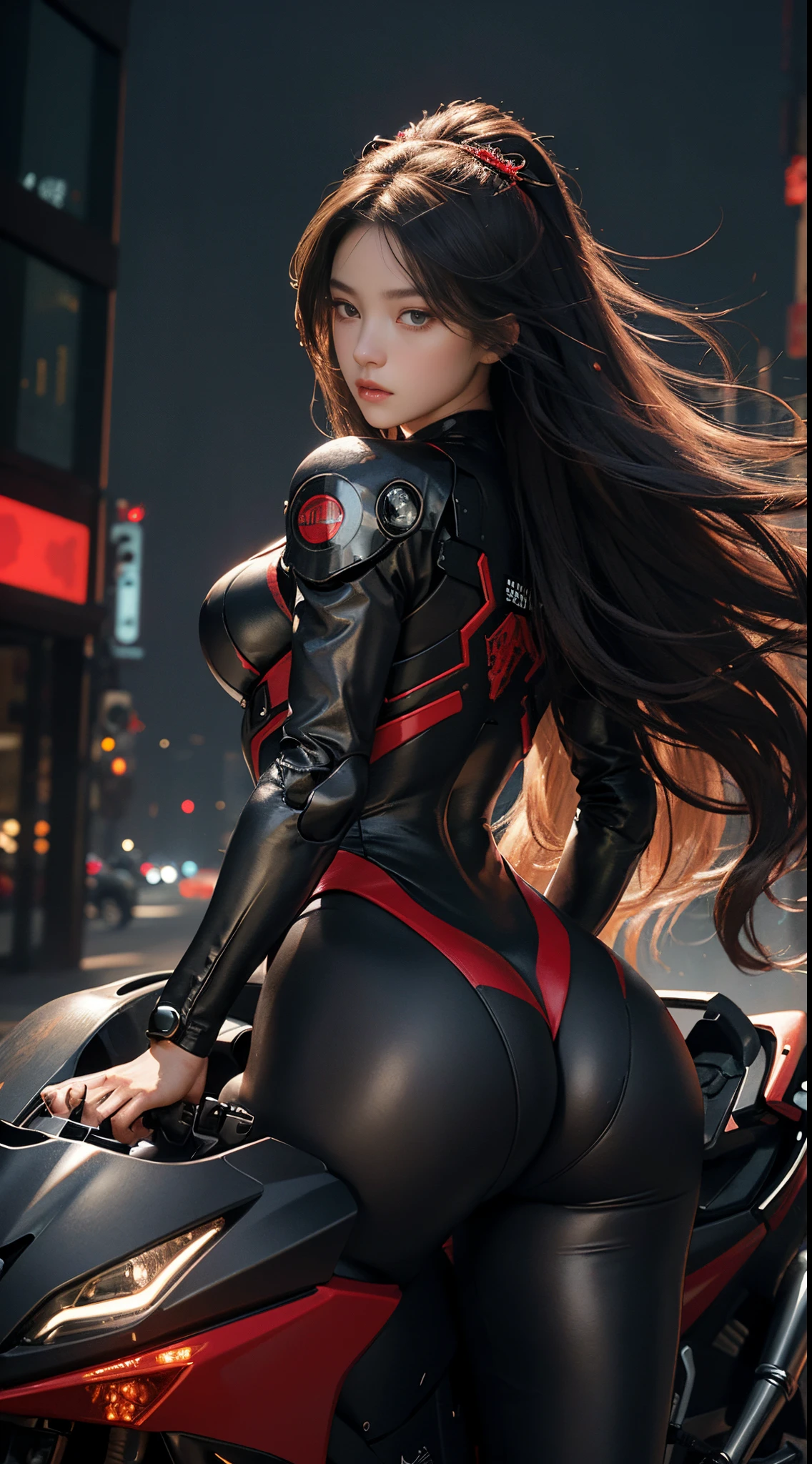 Best image quality, outstanding detail, ultra high resolution, (realism: 1.4), best illustration, prefer details, highly condensed 1girl, delicate and beautiful face, dressed in black and red mecha, big, long hair, disheveled hair, tiara, wide ass, riding a motorcycle, turning around, background is a futuristic city high-tech lighting scene
