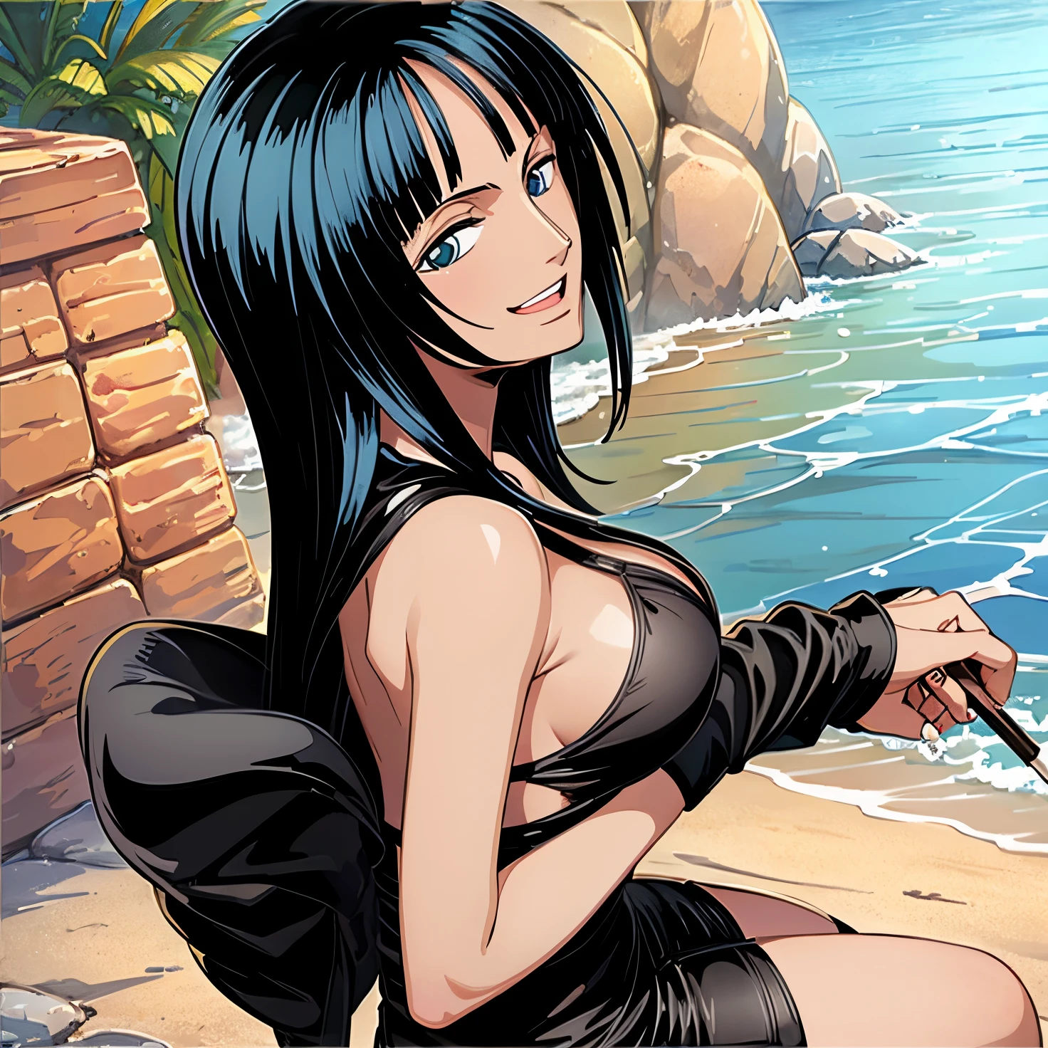 Nico Robin, clean dash, artistic work, one piece, arte linda, mulher sedutora, Arte de Eichiiro Oda, detailed cenary, ((Arte minimalista)), papel de parede, (olhar sereno, olhar feliz, sorrindo com boca fechada, seduzindo), corpo feminino perfeito, corpo pouco cheio, middle boobs