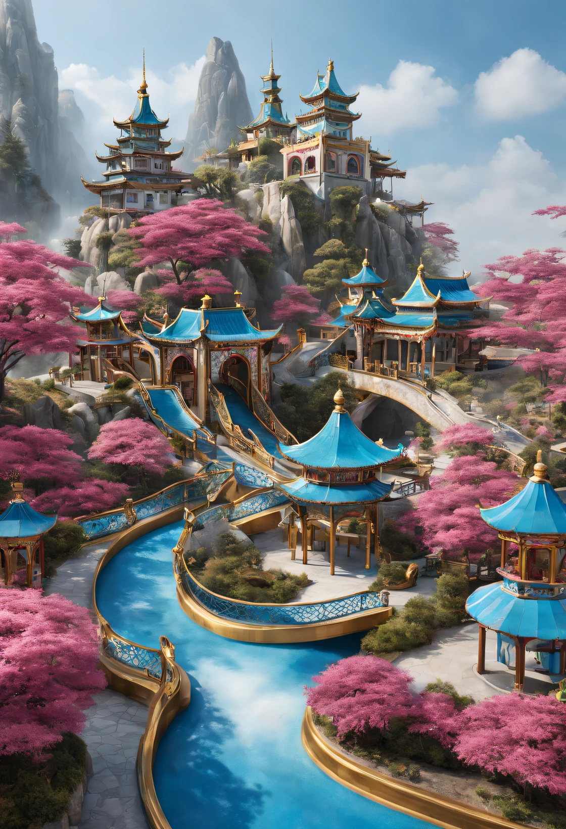 China Cloisonné Theme Park,dreamland dreamland,ultra-realistic realism, Carefully designed using European and American designs),Asymmetrical balance ,( magenta )Carmine+( blue white colors )Blue-cyan+( tin foil gold )golden colored