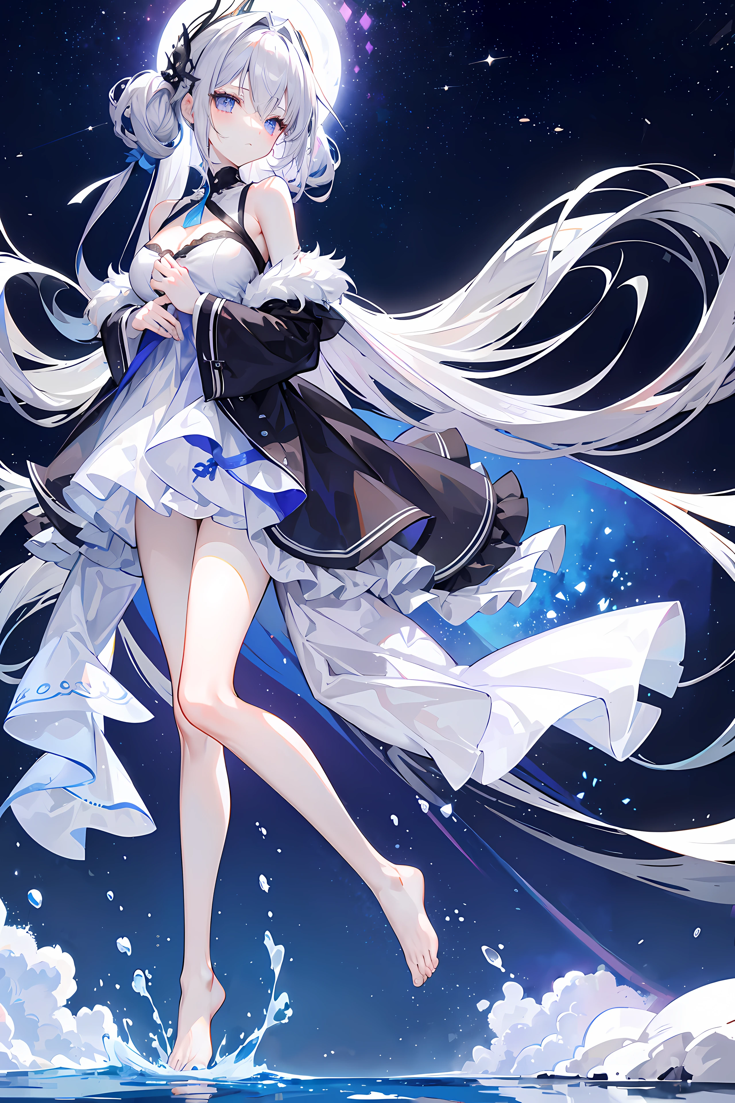 Lilac gradient hair,Asymmetrical hair,((Hair is very thick 1.8,Hair is well-defined1.6)), Hair over the shoulder, messy hair, Very long hair, shinny hair,(Long gray hair:1.2),A beautyful girl,(Luxury Platinum Mini Ultra Short Platinum Lolita,Made of transparent material),(Transparent clothes transparent 1.8),perfect body figure,big thin legs,slenderness,(looking sad,Haggard complexion ,grieves,close your mouth:1.2) Against the backdrop of an unusually bright dark starry sky,(Place your hands behind your back),(Round,tuba, firm breast),Barefoot,afloat,waterface,(long leges,long leges,long leges,Perfect leg shape),Full body photo。