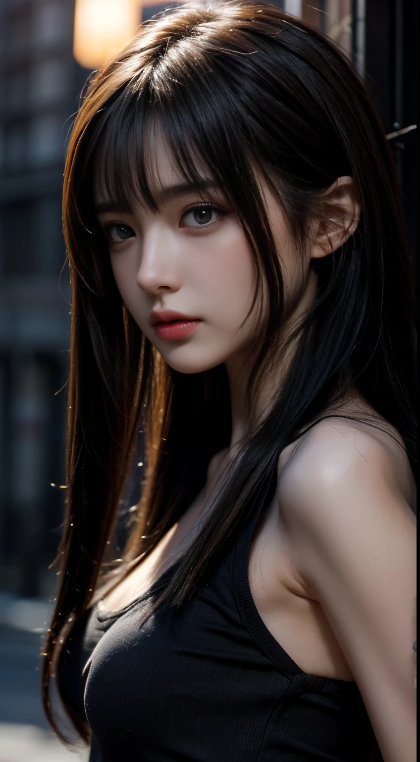 （tmasterpiece，best qualtiy：1.2），（RAW photos，realisticlying，realisticlying：1.3），（8K，A high resolution，hyper-detailing：1.2），1girl，（Perfect anatomy），（Focus on the face，looking at viewert），（Detailed eyebrows，realistic beautiful eyes，realistic glossy skin，Beautiful handsome face in detail：1.2），（Slender，little breast：1.3），By bangs，（realistic movie lighting，detail shaded，hight contrast：1.2），The upper part of the body，exteriors