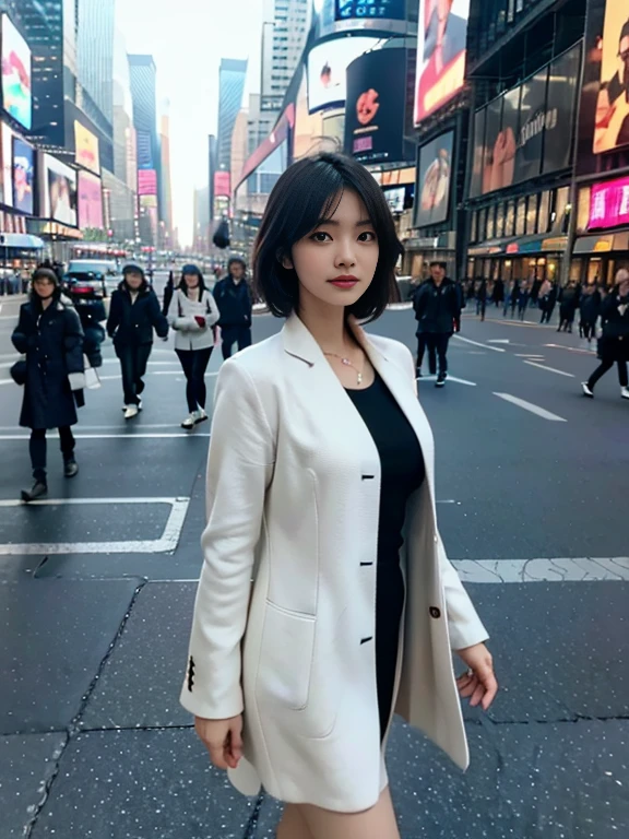 Wolfcut Women，Beautuful Women，Stroll through the business district、Portrait of a woman in a coat, top-quality、hyper HD、奈良美智, Japanese Models, Beautiful Japan Girl, With short hair, 27-year-old female model, 4 k ], 4K], 27yo, sakimichan, A Swedish female model in her early 50s walks down a busy city street wearing a Sakimi dress., Percentage of fashion models, a black and white photo, Digital Art, In Time Square, Standing in Time Square, 4x5 style street photography, street pic, street photography style, Shot at Hasselblad, shot with a hasselblad, ((Anamorphic Lenses)), (Lens Flare), chanel advertisement, In Times Square, street pic, street snap, Kodak 400TX, charmed, ((a black and white photo)), (lowkey)