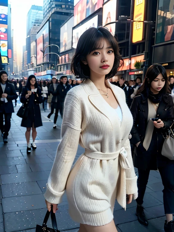 Wolfcut Women，Beautuful Women，Stroll through the business district、Portrait of a woman in a coat, top-quality、hyper HD、奈良美智, Japanese Models, Beautiful Japan Girl, With short hair, 27-year-old female model, 4 k ], 4K], 27yo, sakimichan, A Swedish female model in her early 50s walks down a busy city street wearing a Sakimi dress., Percentage of fashion models, a black and white photo, Digital Art, In Time Square, Standing in Time Square, 4x5 style street photography, street pic, street photography style, Shot at Hasselblad, shot with a hasselblad, ((Anamorphic Lenses)), (Lens Flare), chanel advertisement, In Times Square, street pic, street snap, Kodak 400TX, charmed, ((a black and white photo)), (lowkey)