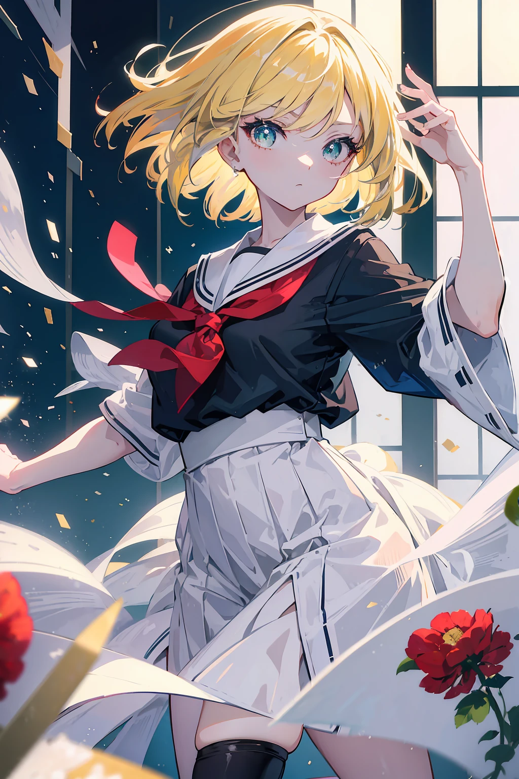 (masterpiece, beautiful, aesthetic, vibrant, official anime art, insane quality, 8k, 4k, intricate details, aesthetic, vibrant, 1girl), slightly short blonde hair, green eyes, japanese school uniform, japanese sailor uniform, perfect body, perfect face, perfect hands, beautiful eyes, detailed eyes, perfect eyes, (inside a classroom:1.2), hard light, cowboy shot, bokeh