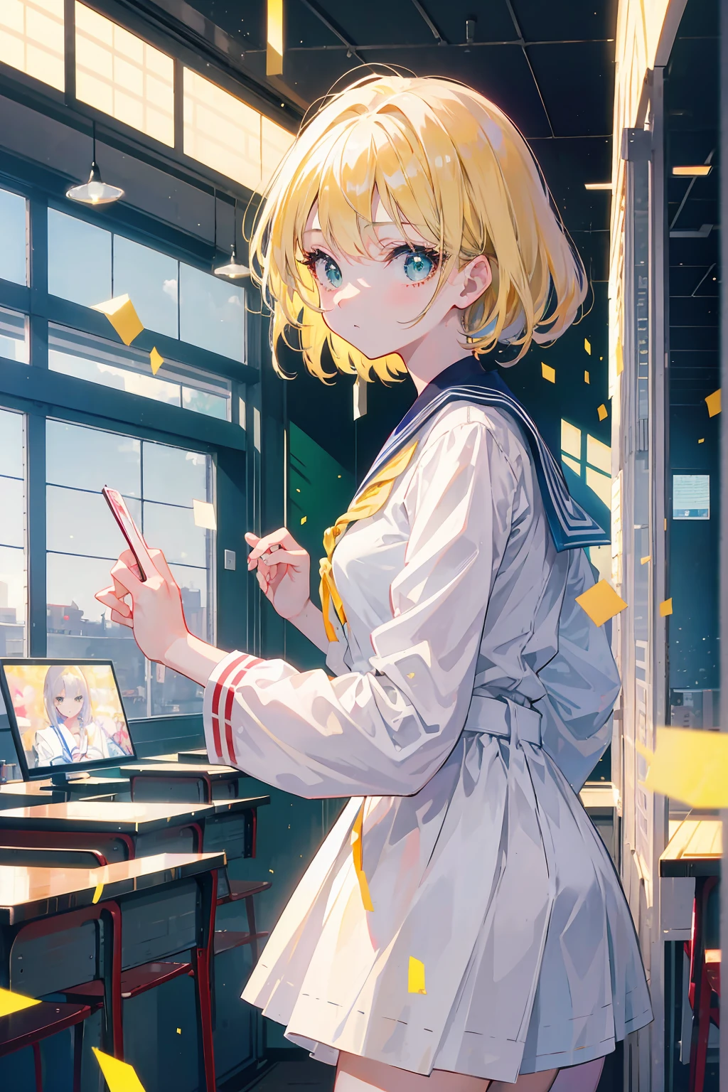 (masterpiece, beautiful, aesthetic, vibrant, official anime art, insane quality, 8k, 4k, intricate details, aesthetic, vibrant, 1girl), slightly short blonde hair, green eyes, japanese school uniform, japanese sailor uniform, perfect body, perfect face, perfect hands, beautiful eyes, detailed eyes, perfect eyes, (inside a classroom:1.2), hard light, cowboy shot, bokeh