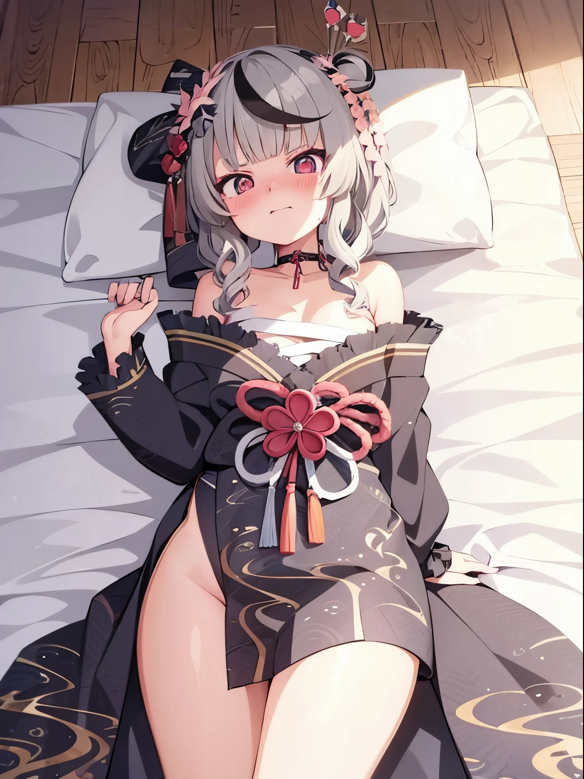 A very cute anime girl, with loose kimono, worried face, blushing, missionary sex postion, POV