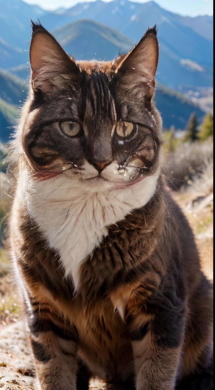 a beautiful detailed cat hiking in the mountains, sharp focus(realistic), oil painting, ultra-detailed fur, expressive eyes and face, playful attitude, vibrant colors, fine brushstrokes, luxurious textures, impressive shading, studio lighting, contrast between light and shadow