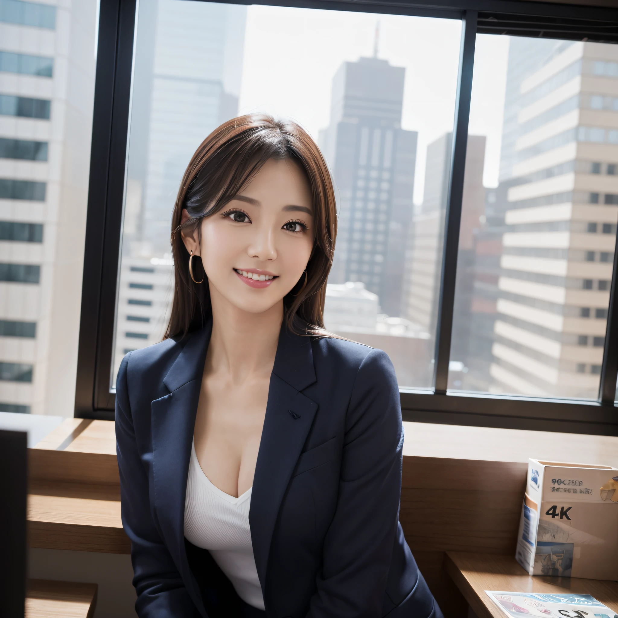 One super beautiful woman、((best qualtiy、8k masterpieces:1.3))、foco nítido:1.2、(ultra beautiful faces:1.0)、(shinny skin:1.0)、photos realistic、A dark-haired、Video Lighting、High-definition eyes and face、Japan Idol Actress、from the front side、medium breasts、Smile、Slender Abs Beauty、Whole body、wears a suit、wearing a shirts、In the office