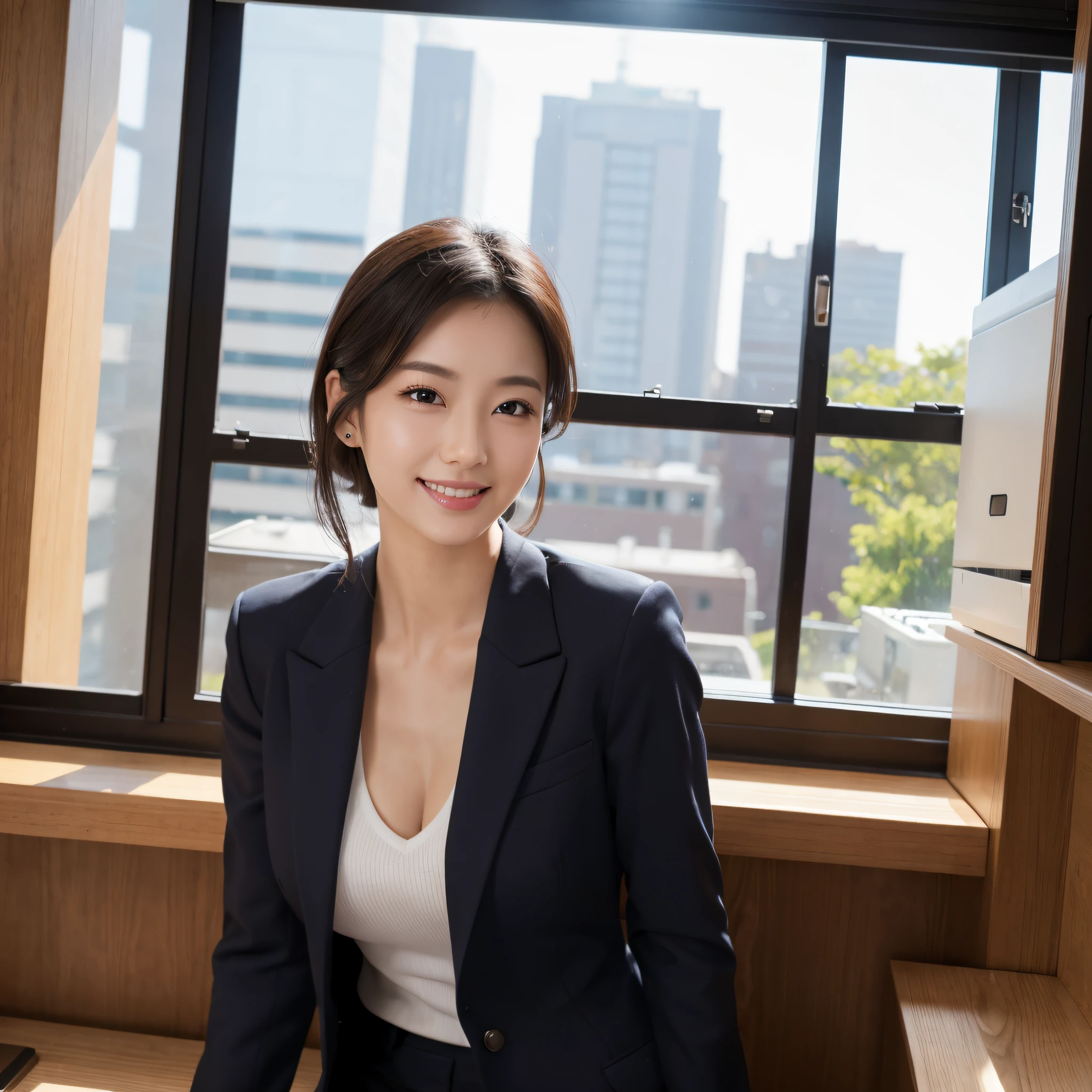 One super beautiful woman、((best qualtiy、8k masterpieces:1.3))、foco nítido:1.2、(ultra beautiful faces:1.0)、(shinny skin:1.0)、photos realistic、A dark-haired、Video Lighting、High-definition eyes and face、Japan Idol Actress、from the front side、medium breasts、Smile、Slender Abs Beauty、Whole body、wears a suit、wearing a shirts、In the office