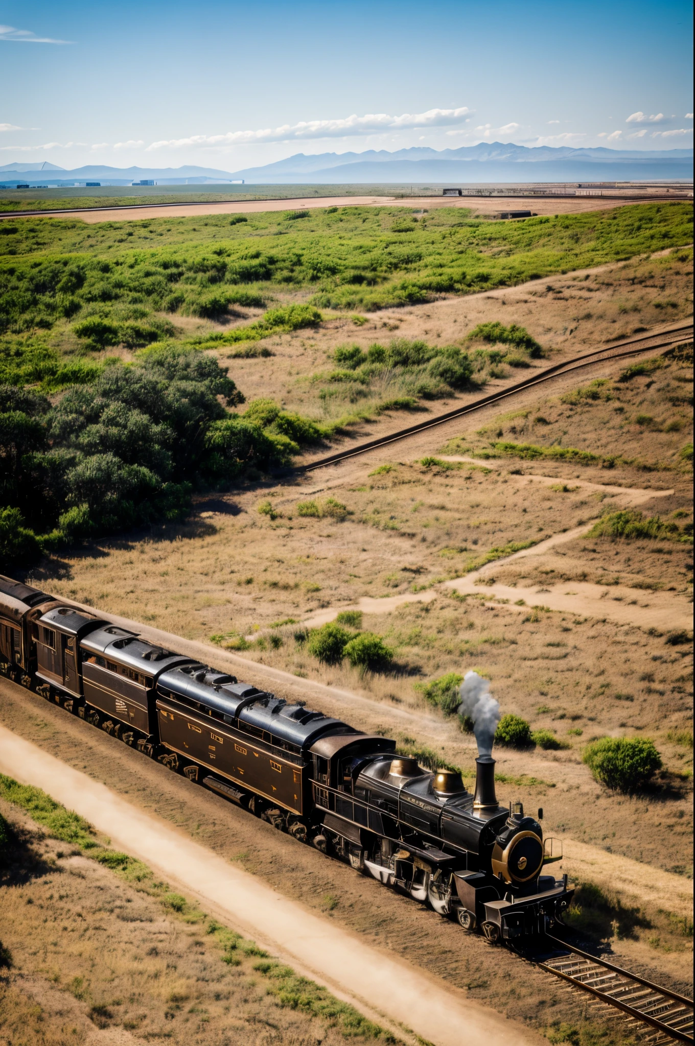 Clear、A steam locomotive running across a vast land、running and smoking