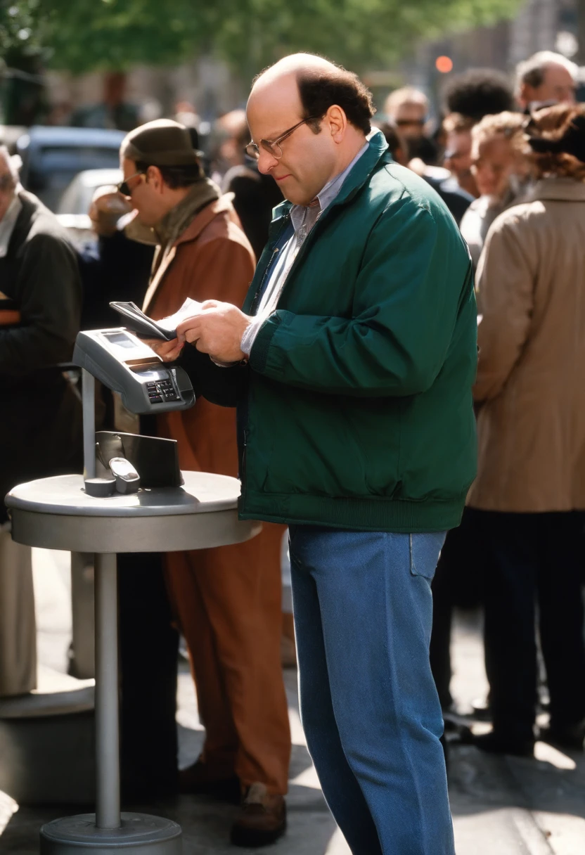 An image of George nervously checking his wallet while waiting in line at the bank,Seinfeld TV Show,George Costanza, a fictional character from the television sitcom “Seinfeld,” is portrayed by actor Jason Alexander. He is characterized by his short, stocky frame, balding head, and typically dressed in simple, casual clothing like jeans and a collared shirt. , male