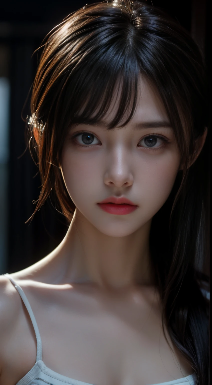 (tmasterpiece,best qualtiy:1.2),(RAW photos,realisticlying,realisticlying:1.3),(8K,A high resolution,hyper-detailing:1.2),1girl,Full body photo(Perfect anatomy),(Focus on the face,looking at viewert),(Detailed eyebrows,realistic beautiful eyes,realistic glossy skin,Beautiful handsome face in detail:1.2),(Slender,little breast:1.3),By bangs,(realistic movie lighting,detail shaded,hight contrast:1.2),exteriors.